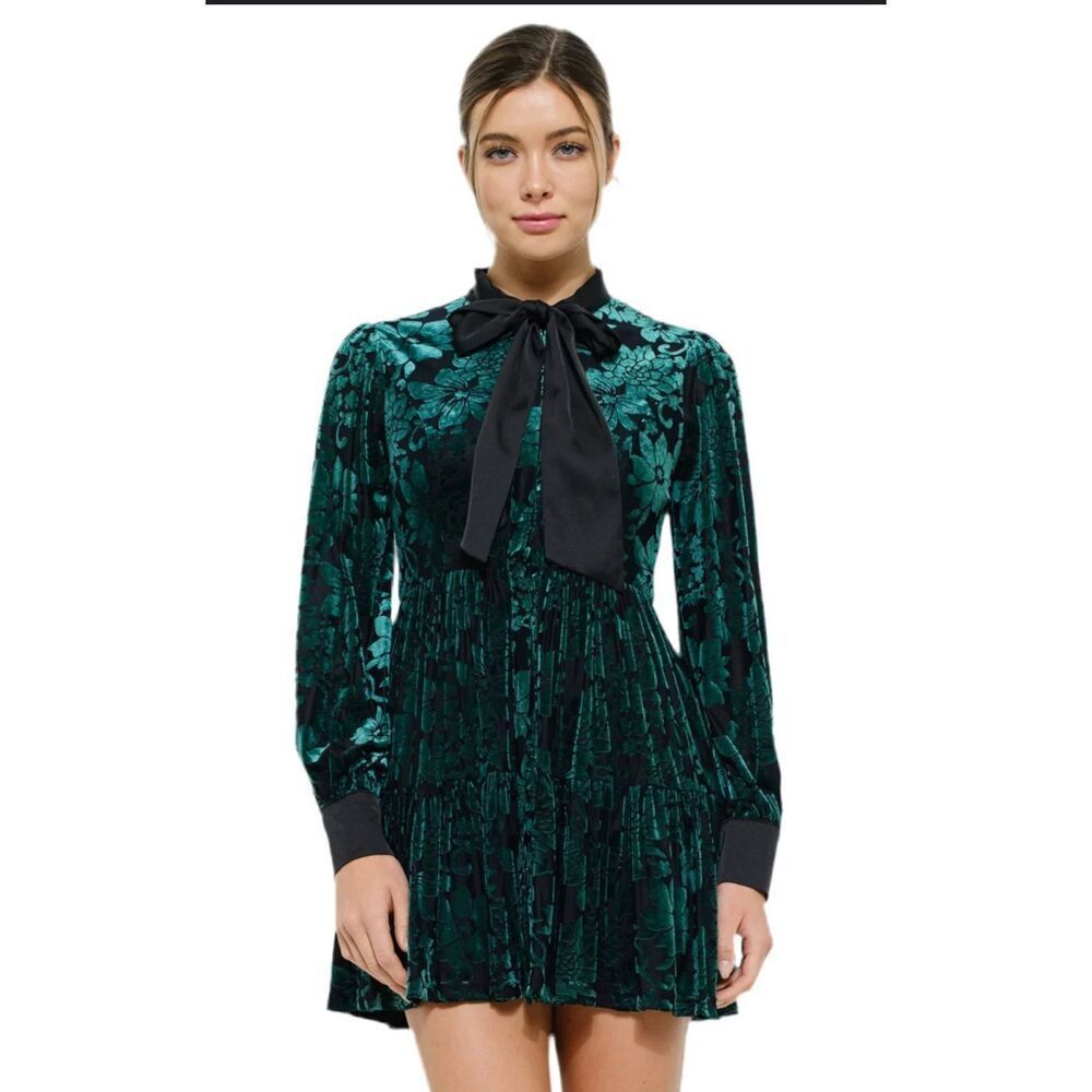 INA Womens Velvet Bow Tie Long‎ Sleeve Mini Dress Black Green Size Medium NWOT